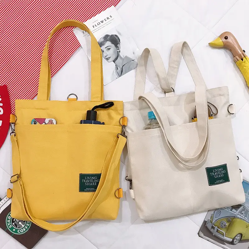 Custom Logo Shoulder Bag Simple Multifunctional Canvas Backpack Cotton Tote Bags
