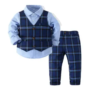 Plaid Gentleman ensemble 2021 printemps vêtements bébé garçons vêtements ensembles pantalons à carreaux tenues bleu enfants OEM velours côtelé soutien formel