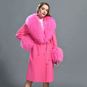 जेक्सवाचर शीतकालीन बेल्ट वाला हैंडमेड डबल सामना कश्मीरी ट्रेंच कोट लक्जरी असली मोंगोलियन मेमने फर कॉलर महिला ऊन लंबे कोट - Product Image 5