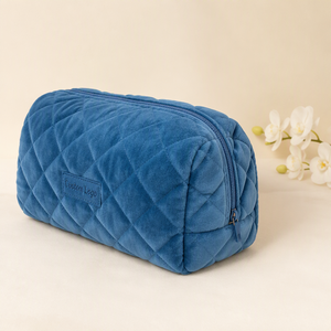 Pochette de maquillage en velours <span class=keywords><strong>bleu</strong></span> doux avec logo personnalisé, grande capacité, organiseur de voyage portable pour le rangement du sèche-cheveux - Product Image 4