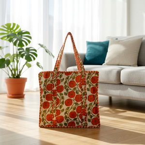 Bolso Tote de Algodón Acolchado Naranja de Moda con Estampado Floral Hecho a Mano, Estilo Bohemio, Bolso de Compras Abierto Informal de Verano para Mujer - Product Image 1