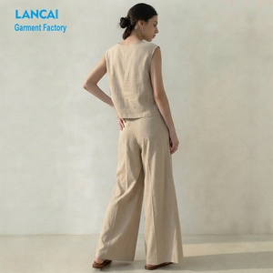 Ensembles pour femmes personnalisés en usine ensembles pour femmes en coton et lin de haute qualité deux pièces sans manches décontracté simple grande taille ensembles pour femmes - Product Image 3