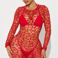 Mini robe de couverture sexy personnalisée en résille à manches longues haut de bikini triangle avec bretelles latérales bonnets amovibles ensemble de bikini 3 pièces