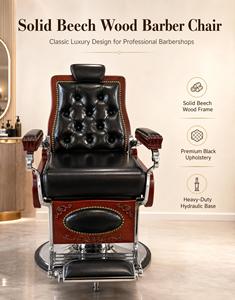 Fauteuil de barbier vintage en bois massif, cuir capitonné, finition noyer pour salon - Product Image 2