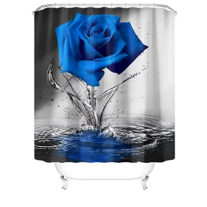 발렌타인 데이 꽃 식물 욕실 장식 블루 워터 로즈 꽃 방수 패브릭 샤워 커튼