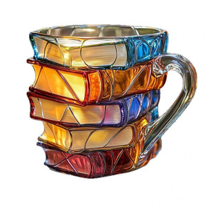 Taza de Vidrio Pintada a Mano en 3D con Diseño Único de Pila de Libros, Artesanía Única para Bar - Product Image 1