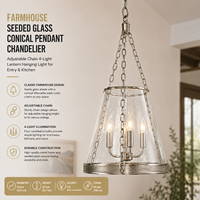 Lámpara Colgante de Araña de 4 Luces YH Farmhouse, de Latón Niquelado Pulido con Espejo y Jaula de Cristal, Estilo Cónico, para Isla de Cocina