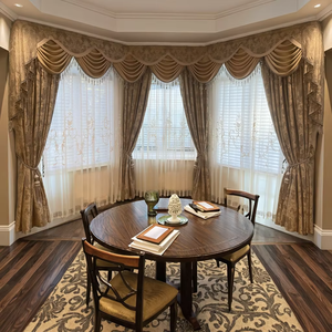 Stile europeo lusso personalizzato marrone caffè Blackout tessuto Jacquard <span class=keywords><strong>tende</strong></span> motorizzate e tenda con eleganti mantovane - Product Image 1