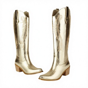 Bottes de cowboy en cuir métallisé pour femme, brodées, hauteur genou, à bout pointu, en PU, pour l'extérieur, l'équitation et les soirées, à talons épais, pour l'été - Product Image 3