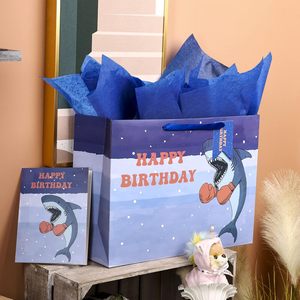 Shark Design Gift Bag With Birthday Card And Tissue Paper 16 Inch <b>Extra</b> <b>Large</b> For Boys - Product Image 3
