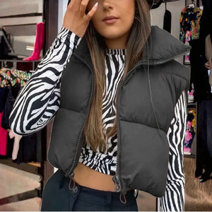 Venta al por mayor Otoño Invierno Mujer Crop Puffer Vest Black Brown Bubble Jacket con Puffer Sleeves Stand Collar Abrigo de longitud corta - Product Image 3
