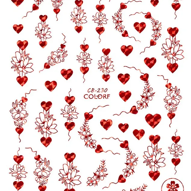 Stiker Seni Kuku Valentine 3D, Stiker Decal Kuku Bentuk Hati Merah untuk Hari Valentine dengan 5 Warna