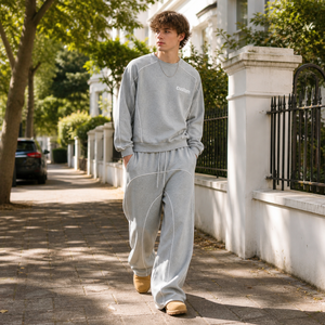Ensemble de survêtement surdimensionné personnalisé pour <span class=keywords><strong>homme</strong></span> en coton avec passepoil contrastant, sweat-shirt à col rond + <span class=keywords><strong>pantalon</strong></span> de survêtement large, ensemble 2 pièces streetwear boxy - Product Image 3