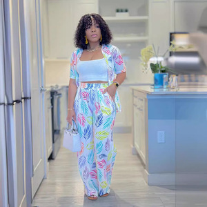 Ensemble de mode pour femmes d'été, 2 pièces, chemise à manches courtes à imprimé feuilles et pantalon, ensemble deux pièces tendance - Product Image 4