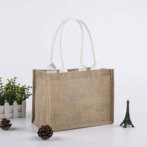 Custom logo Button Waterproof Lamination Grocery Shopping Linen <b>Burlap</b> Jute Tote <b>Bag</b> - Product Image 4
