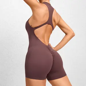Pakaian Jumpsuit Yoga wanita Solid pendek setelan badan ritsleting empuk satu bagian kustom pakaian bermain berkerut Booty Push Up pakaian Yoga menari