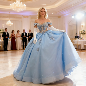 2026 플래너 빛나는 라이트 블루 오프 숄더 크리스탈 Quinceanera 원피스 바닥 길이 Vestidos 로얄 볼 가운 사용자 정의 - Product Image 2