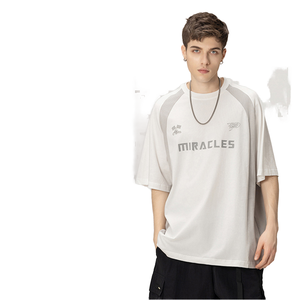 Sports T-<b>Shirt</b> 240 Grams Loose 100% Cotton Lightweight Breathable Mesh Letter Printed <b>Patchwork</b> Woven Fabric - Product Image 1