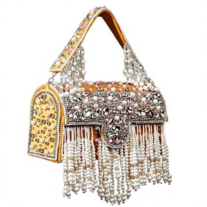 Sac à rabat artisanal jaune perlé, élégant sac de soirée à franges de perles - Product Image 1