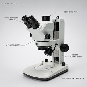 Microscope stéréoscopique trinoculaire BestScope BS-3028T2 0.7X-6X avec support, base compacte, support grossier et éclairage LED - Product Image 3