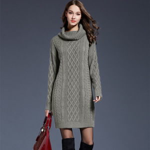 2023 Offre Spéciale automne hiver nouveau européen américain grande taille femmes robe tricotée longue col haut Simple a-ligne - Product Image 2