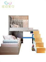 Lit superposé à structure décalée multifonctionnel intégré avec bureau, armoire de rangement et bibliothèque, fabrication sur mesure pour enfants