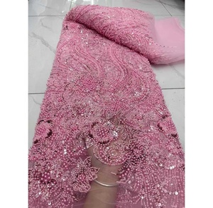 Tessuto in Pizzo Africano di Alta Qualità Toplace con Perline <span class=keywords><strong>e</strong></span> Paillettes Nigeriane, Tessuto Ricamato per Abiti da Sposa - Product Image 1