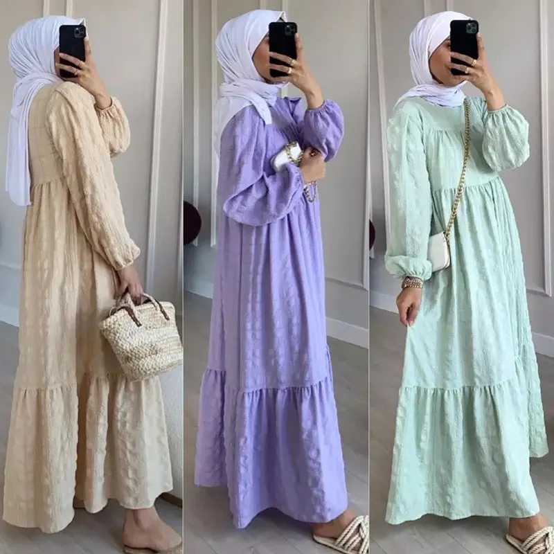 New trendy islamic dress cotton polyester long sleeve maxi loose abaya dubai solid color muslim malaysian dress