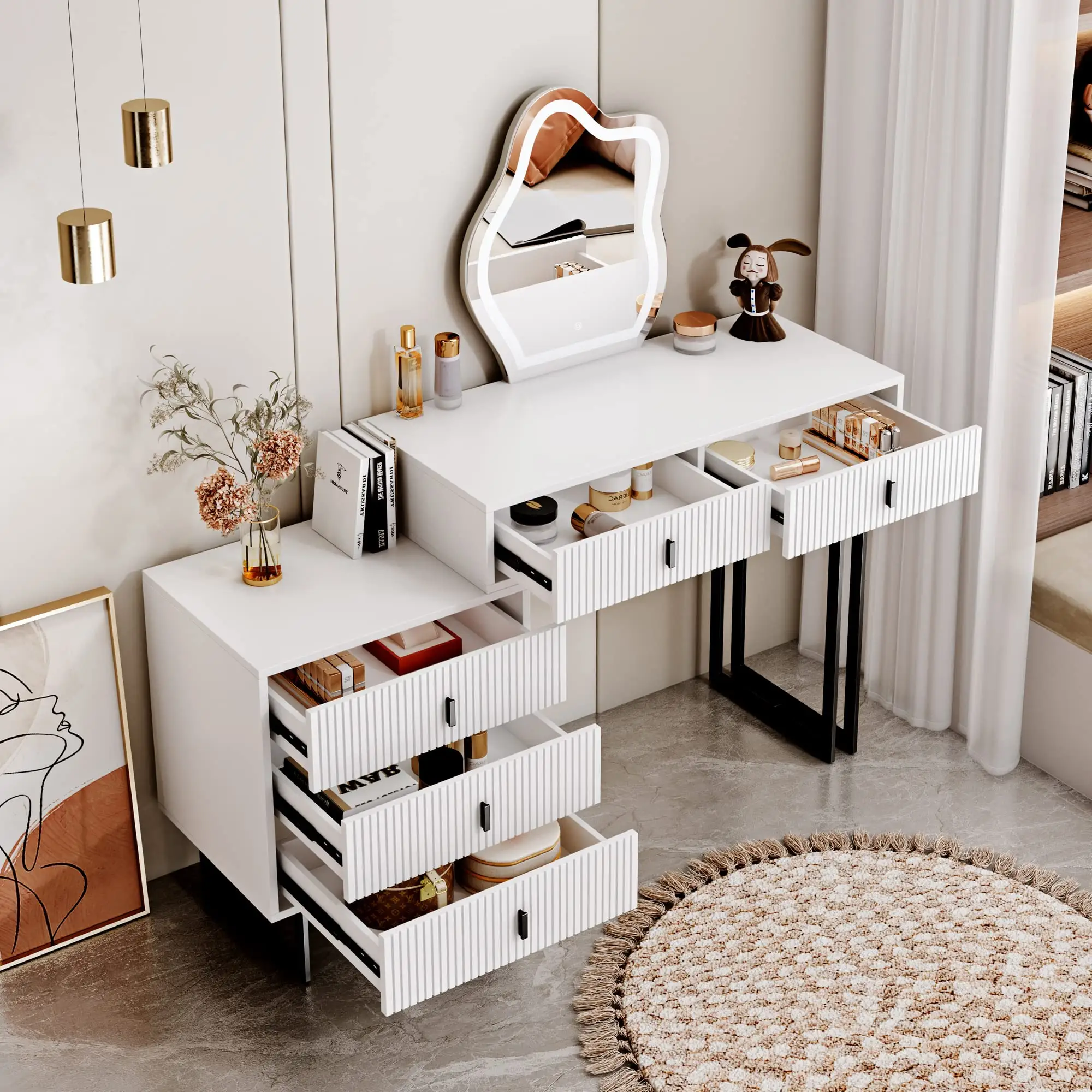 Tocador pequeño de lujo con luz minimalista para dormitorio, mesa de  maquillaje con espejo muebles de escritorio