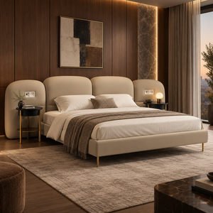 Lit de luxe avec tête de lit multi-coussins en tissu, structure en bois massif de bouleau russe, mousse haute résilience, pieds en métal, matelas de 1,8 m - Product Image 1
