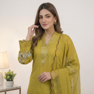 Ensemble Salwar Kameez brodé jaune, robe traditionnelle indienne pakistanaise pour femmes avec dupatta pour fête et mariage - Product Image 3