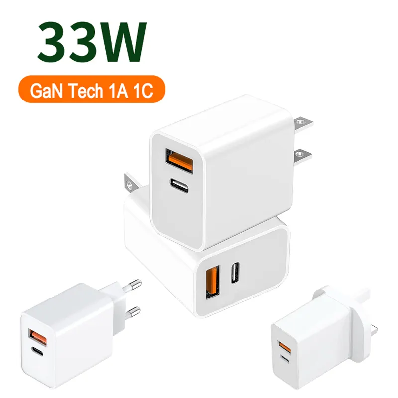 EU US UK AU Plug Type C / USB caricabatterie Gan 33W PD QC3.0 Dual USB C cellulare ricarica veloce da parete per Iphone 14 13 12 serie OEM