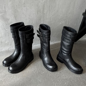 Bottines mi-mollet pour femmes, style moto vintage noir, couleur unie, talon épais, double boucle - Product Image 1