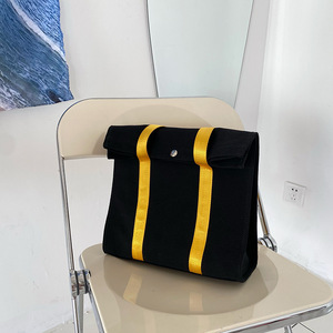 <b>Canvas</b> <b>Tote</b> Bag Blue Yellow Stripes Magnetic Buckle Medium Size Commuting Shoulder Bag Solid Color Summer 2021 - Product Image 2