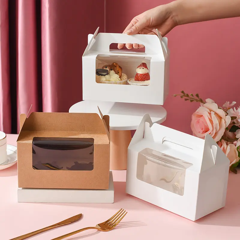 Omt caixas de embalagem de bolo, embalagens de papelão marrom personalizado de alta qualidade em massa, com alça