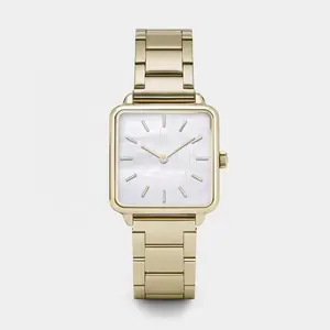 Reloj de acero inoxidable cuadrado de lujo para mujer con caja de aleación de cara de perla Blanca Dorada y movimiento de cuarzo resistente al agua - Product Image 1
