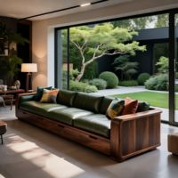 Canapé trois places en bois massif, grand modèle pour salon, en noyer noir et cuir véritable, idéal pour gîte, hôtel, villa