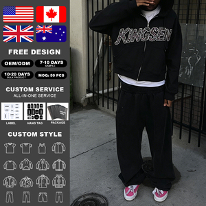 Vente en gros de sweats à capuche pour hommes avec broderie en strass 400G, OEM, streetwear hip-hop, sweat à capuche surdimensionné à fermeture éclair, sweats à capuche personnalisés pour hommes - Product Image 2