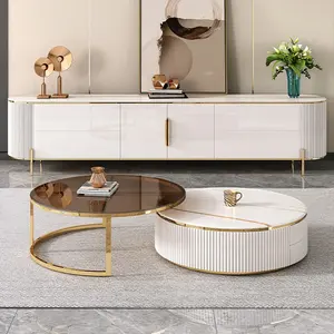 石板桌面现代大理石圆形设计不锈钢客厅家具套装茶几