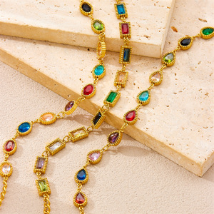 Bracelet chaîne en acier inoxydable plaqué or, micro-pavé, géométrique, coloré, avec motifs ovales, goutte d'eau et carrés, style mode transfrontalier - Product Image 1