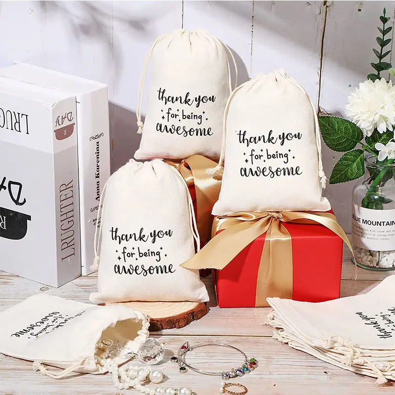 Customized Reusable Plastic Pouch Cotton Drawstring Canvas Gift Bag for Jewelry Shoes Dust Packaging