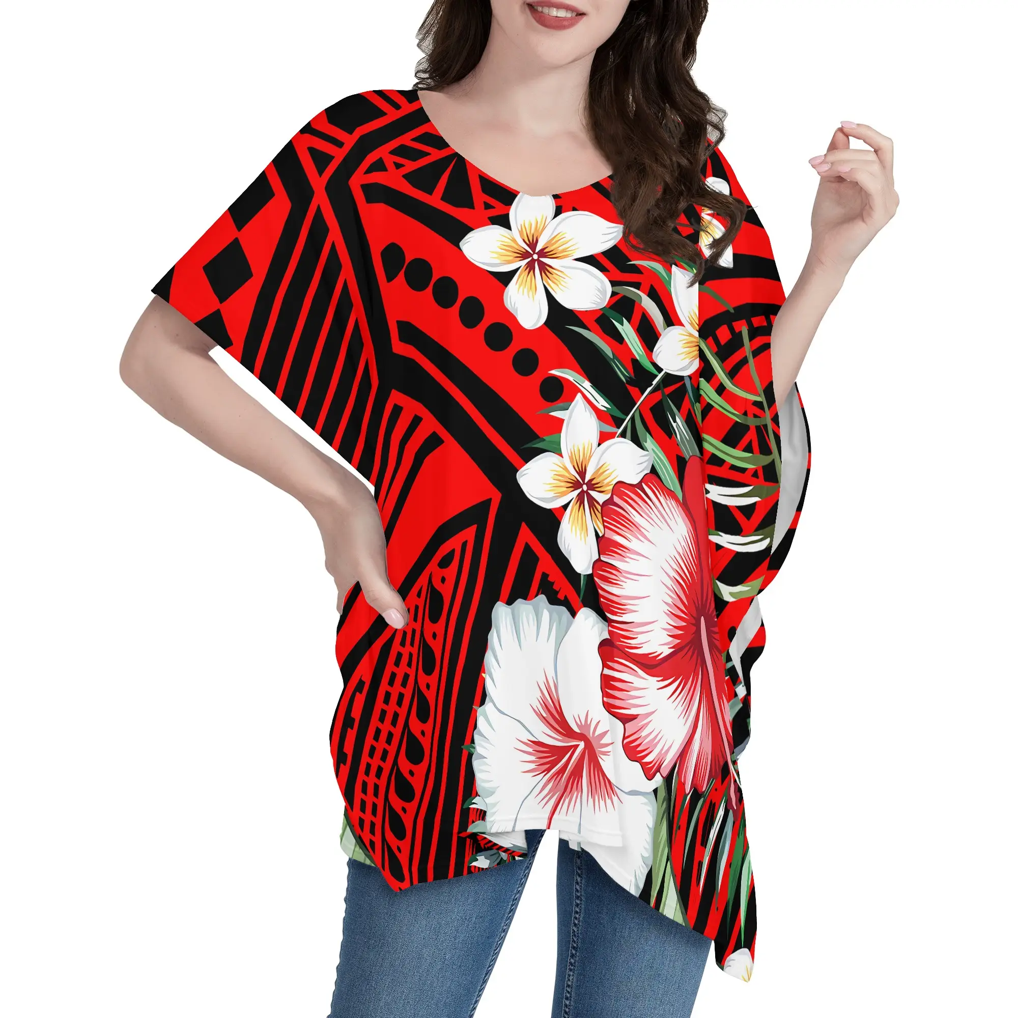 Summer fashion short sleeve ponchos tops Red Polynesian tribal Tattoo with Plumeria Style T shirt dresses women oversize Dress