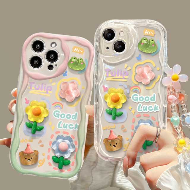 Cute Cream Wave Ripple 3D Flower Phone case with Chain Strap Back Cover for iPhone 7 8 Plus XS XR 11 12 13 14 15 16 Pro Max