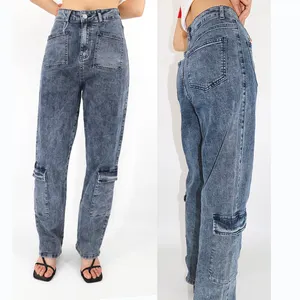 Wholesaler Clothing Dark Blue Wash Distress Custom Denim Jeans Stretchable High Waist Casual Cargo Jeans Women