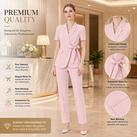Ensemble de costume pour femmes, en coton fin, antibactérien, avec ceinture à la taille, blazer à manches courtes et pantalon, pour le personnel de réception d'hôtel