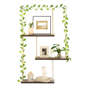 Wall Mounted Hemp <b>Rope</b> Shelf 3 Tier Wooden With Led <b>Lights</b> And Vine Decor For Living Room Storage Display Rack - Product Image 5