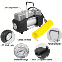 Portable Metal Vehicle Inflator Pump Dual Cylinder Tire Repair Tool Kit 12V Electric 180W 60L/Min Emergency Light LED Gauge CE