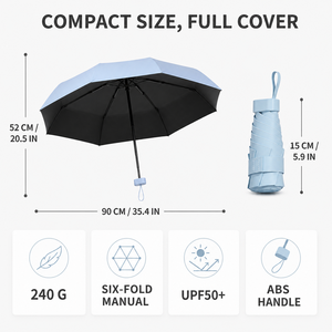 Parapluie de poche mini pliable 6 volets JUNVOY 15 cm avec revêtement noir anti-UV, étui rigide à fermeture éclair, double usage soleil/pluie - Product Image 5