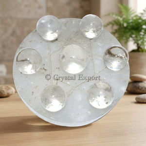 7 Point Clear Quartz Carved Healing David Star Crystal Ball Set on Polished <b>Circle</b> Base - Product Image 3