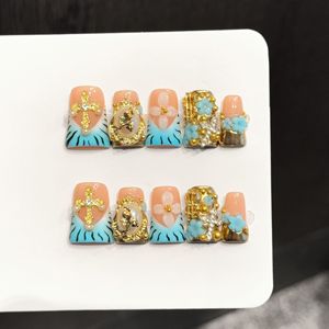 Lot de 10 <span class=keywords><strong>faux</strong></span> <span class=keywords><strong>ongles</strong></span> bleus style baroque français, faits à la main, à presser, vintage, ornés, avec logo personnalisé - Product Image 3
